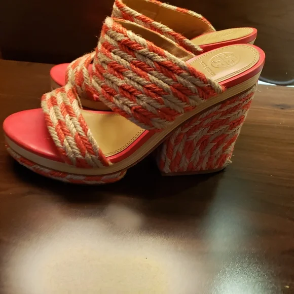 Tory Burch Women's Size 8.5 Lola Woven Jute Lthr Red Crm Platfrom Slide Sandals - Picture 9 of 14